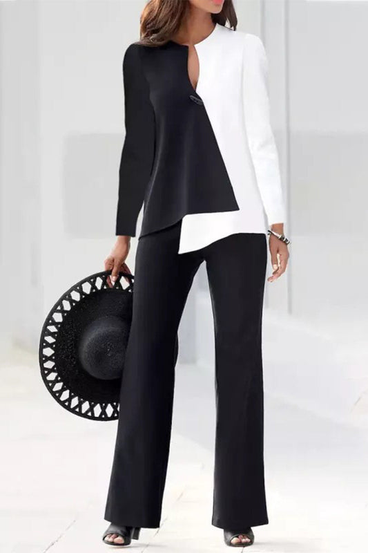 Color Block Contrast O Neck Long Sleeve Two Pieces
