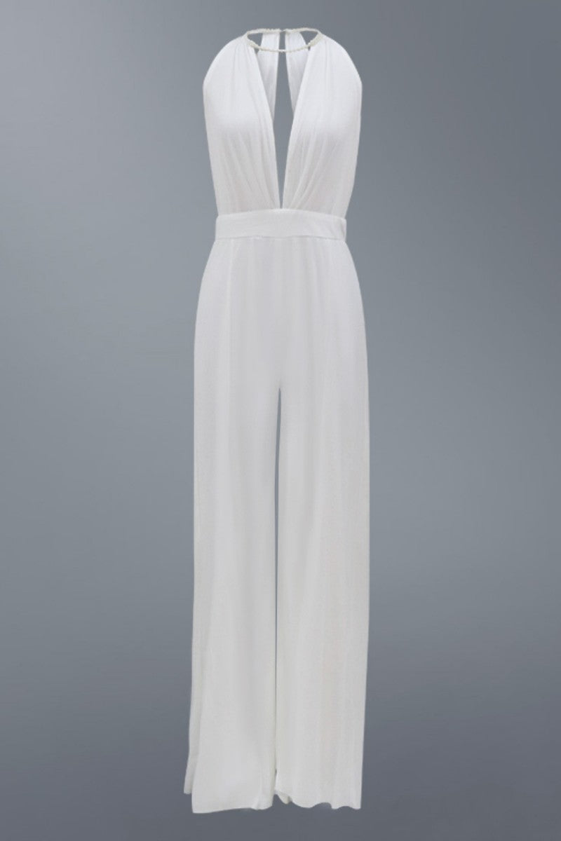Hollowed Out Patchwork Backless O Neck Regular Jumpsuits