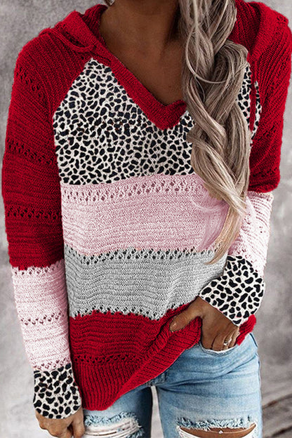 Wisherryy Hooded Leopard Stitched Knit Sweater(8 Colors)