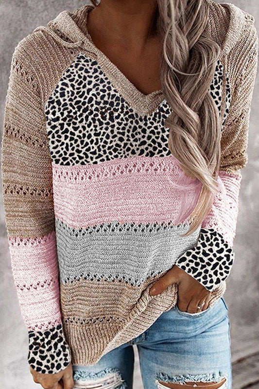 Wisherryy Hooded Leopard Stitched Knit Sweater(8 Colors)