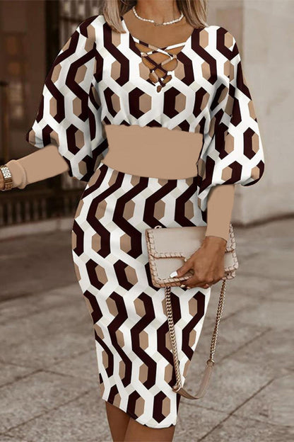 Print Bandage V Neck Wrapped Skirt Dresses