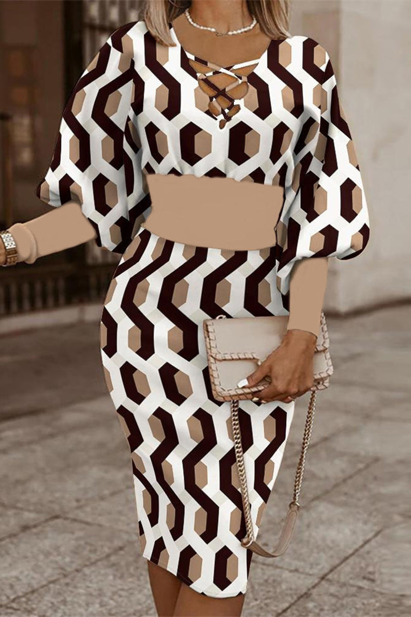 Print Bandage V Neck Wrapped Skirt Dresses