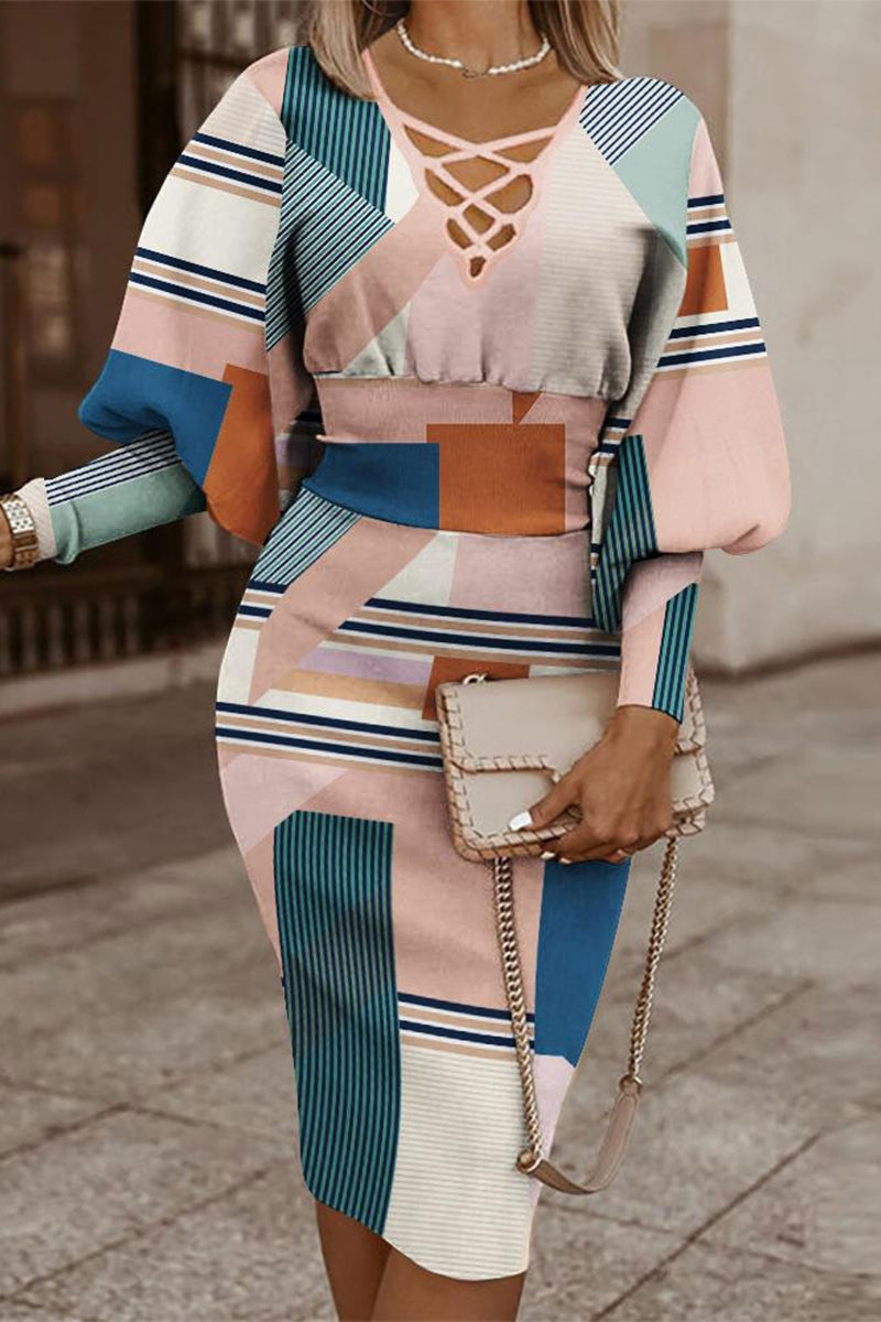 Print Bandage V Neck Wrapped Skirt Dresses