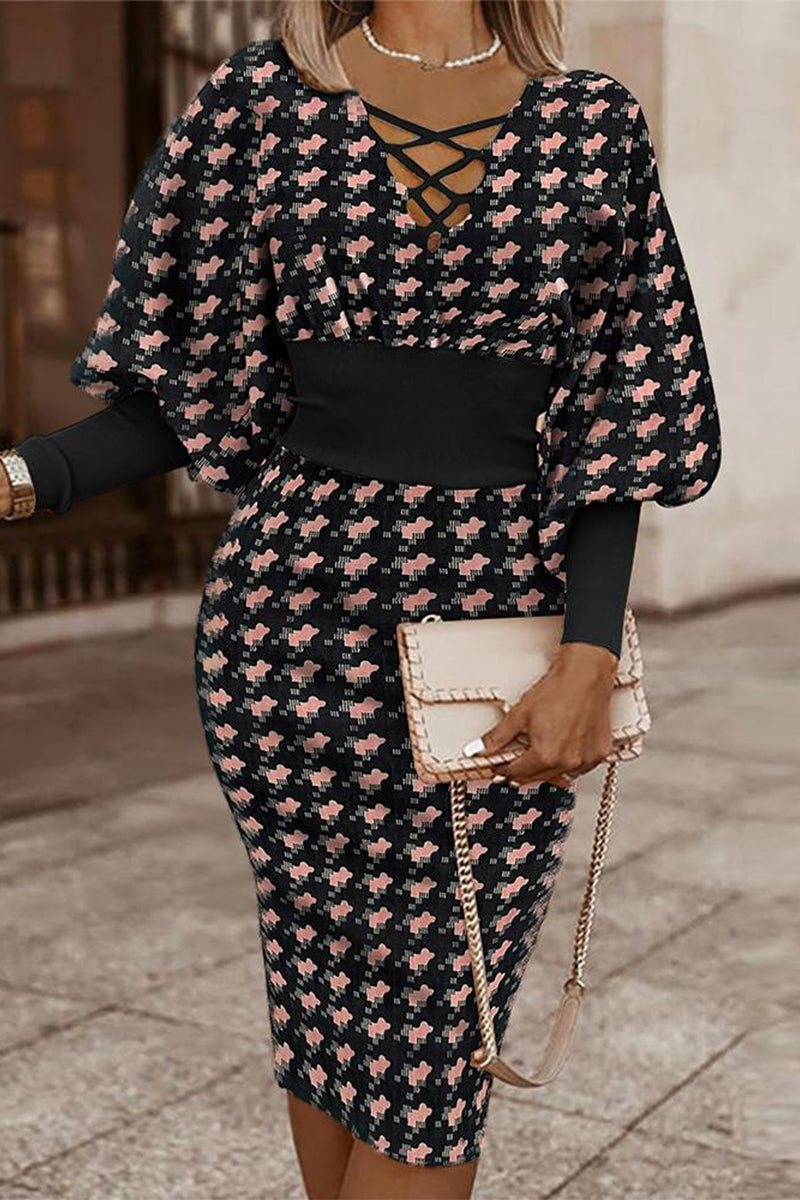 Print Bandage V Neck Wrapped Skirt Dresses