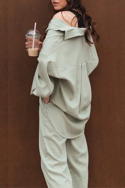Color Turndown Collar Long Sleeve Two Pieces