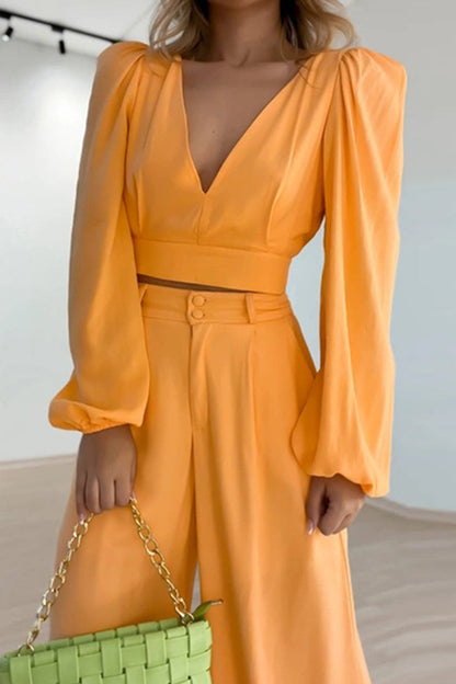 Work Buttons V Neck Long Sleeve Two Pieces