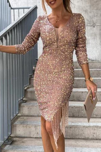 Tassel V Neck One Step Skirt Dresses(3 Colors)
