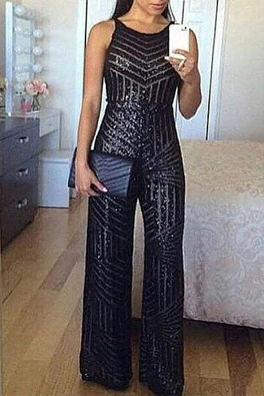 Sequins O Neck Regular Jumpsuits