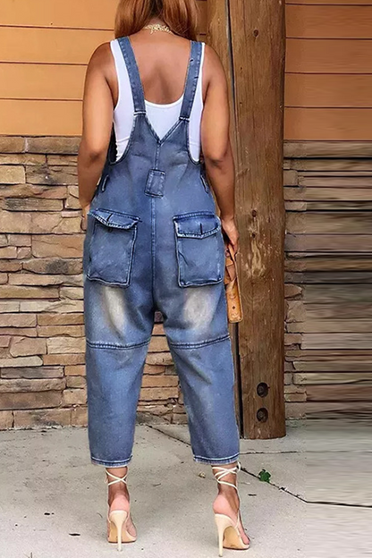 Street Patchwork Buckle Square Collar Straight Jumpsuits(4 Colors)