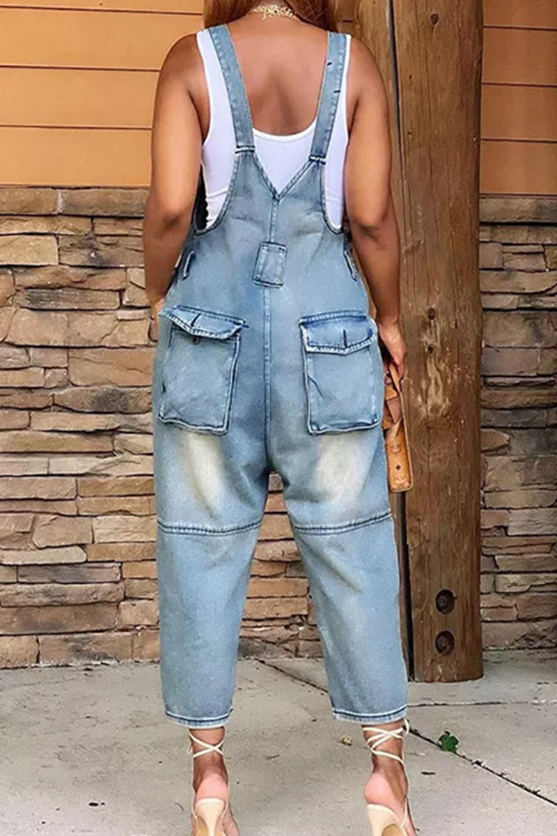 Street Patchwork Buckle Square Collar Straight Jumpsuits(4 Colors)