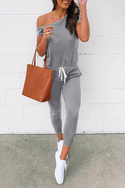 Draw String One Shoulder Skinny Jumpsuits(4 Colors)