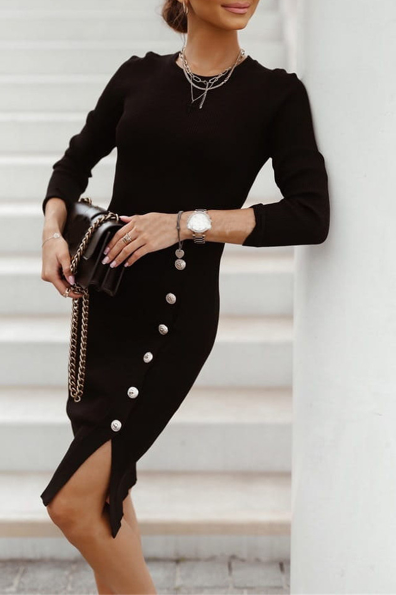 Street Buckle O Neck Pencil Skirt Dresses