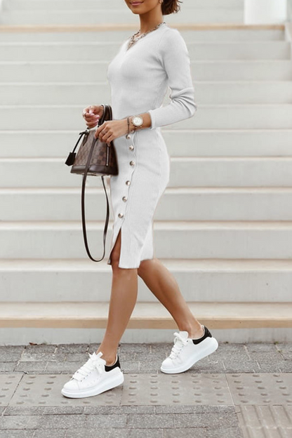 Street Buckle O Neck Pencil Skirt Dresses