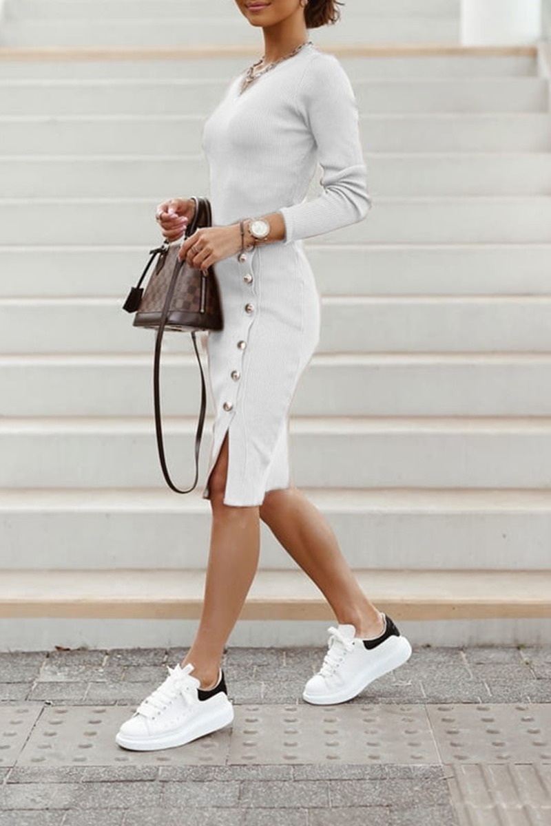 Street Buckle O Neck Pencil Skirt Dresses