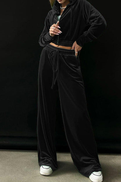 Patchwork Zipper Hooded Collar Long Sleeve Two Pieces