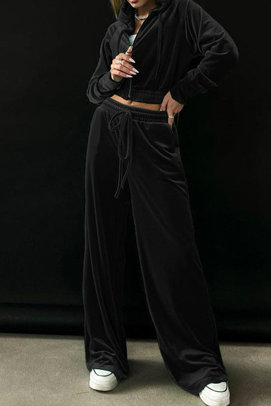 Patchwork Zipper Hooded Collar Long Sleeve Two Pieces