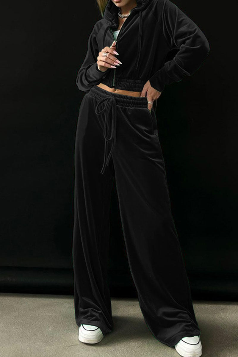 Patchwork Zipper Hooded Collar Long Sleeve Two Pieces