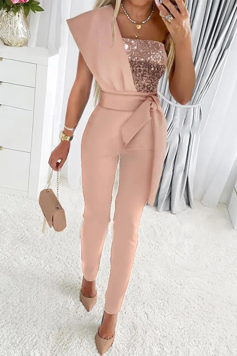 Sweet Patchwork Sequins Asymmetrical Collar Regular Jumpsuits(5 Colors)