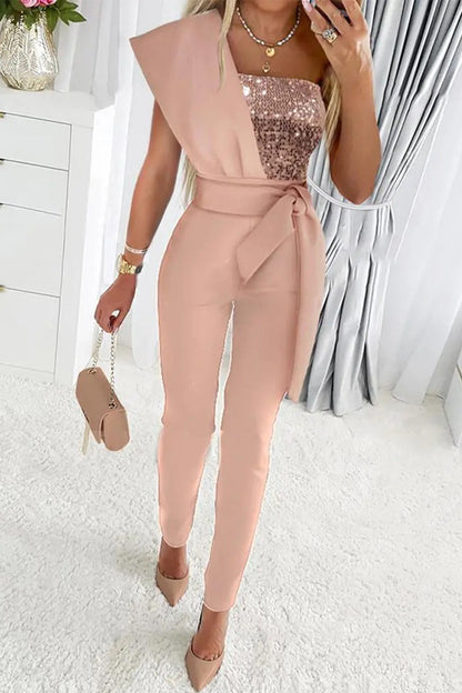 Sweet Patchwork Sequins Asymmetrical Collar Regular Jumpsuits(5 Colors)
