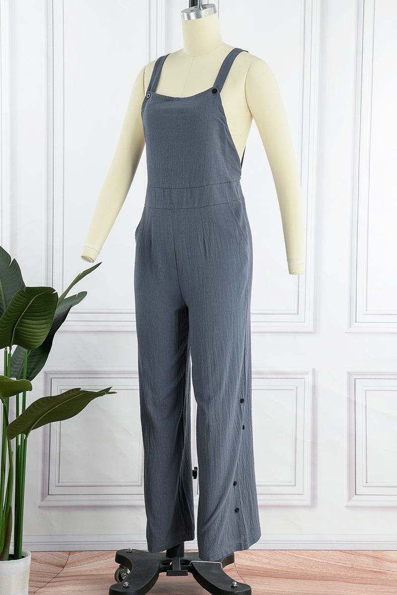 Buckle Square Collar Regular Jumpsuits(5 Colors)