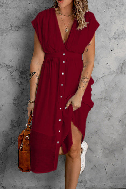 Buckle Color V Neck Lantern Skirt Dresses(7 Colors)