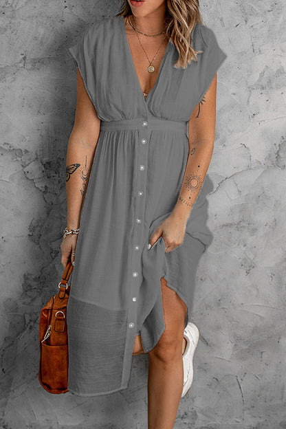Buckle Color V Neck Lantern Skirt Dresses(7 Colors)