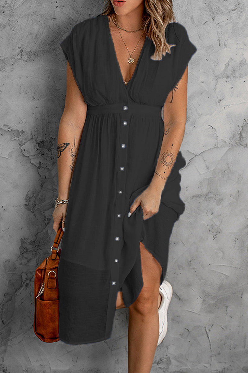 Buckle Color V Neck Lantern Skirt Dresses(7 Colors)