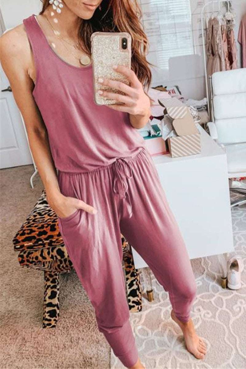 Patchwork Frenulum U Neck Jumpsuits