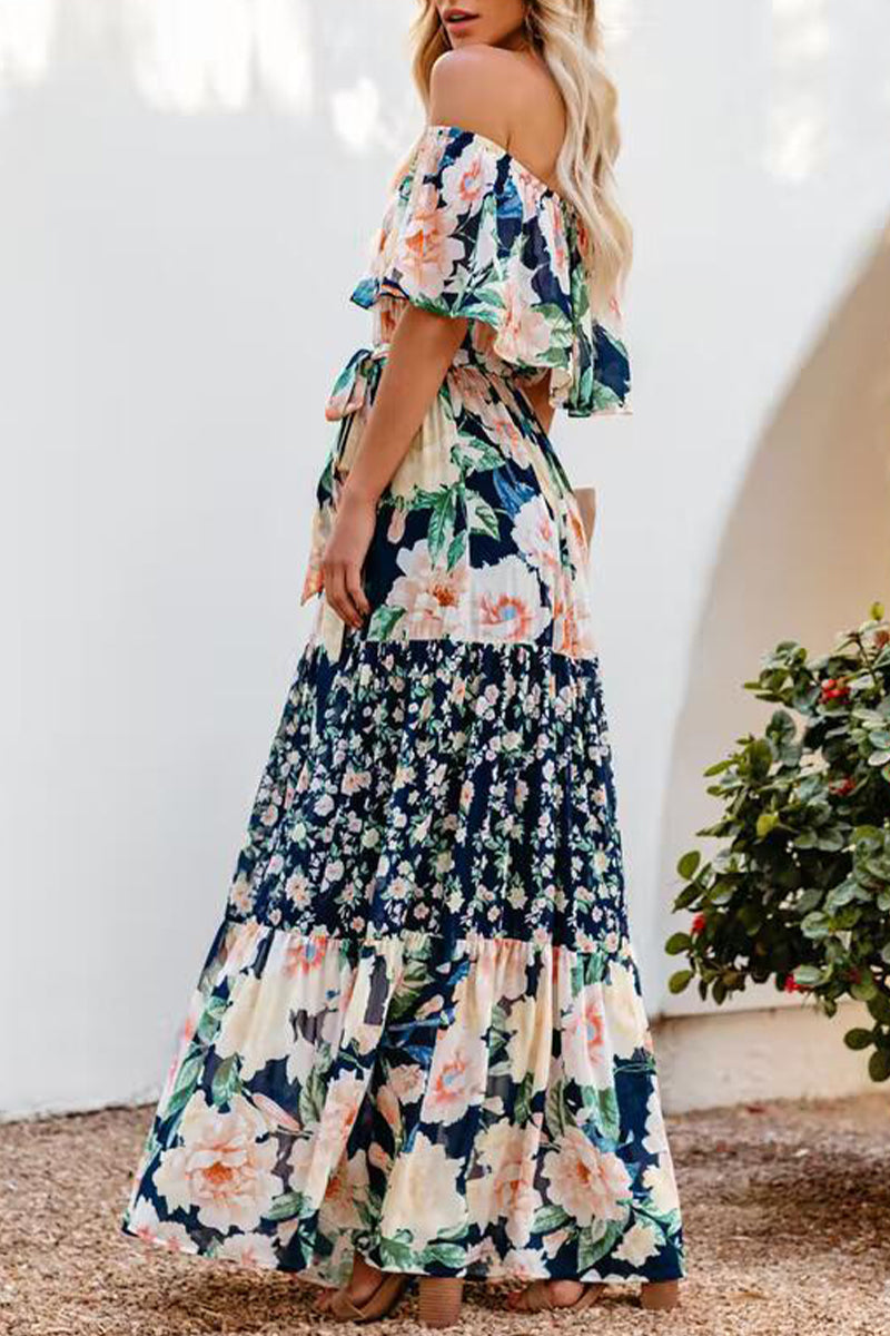 Patchwork Flounce Off the Shoulder Cake Skirt Dresses