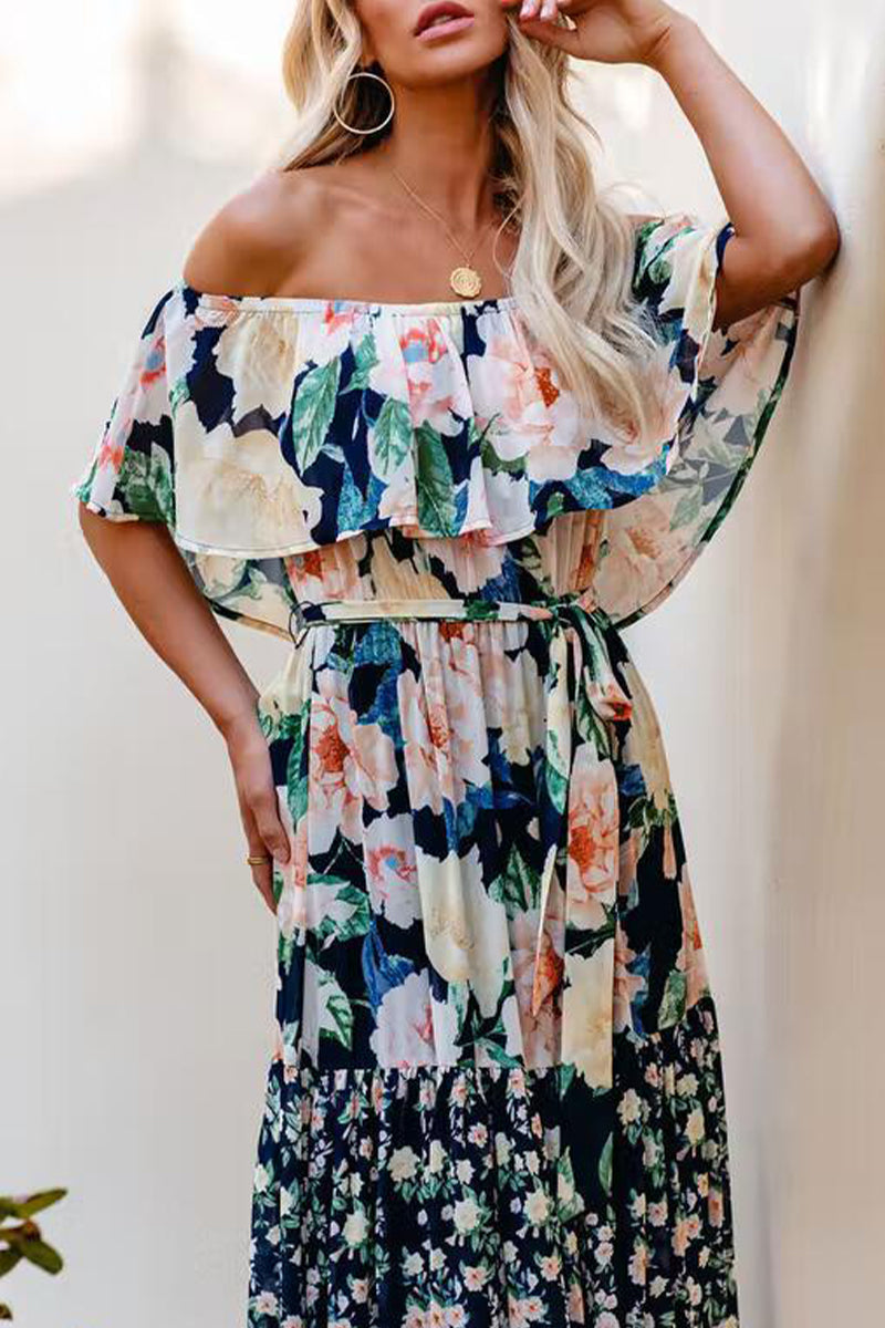 Patchwork Flounce Off the Shoulder Cake Skirt Dresses