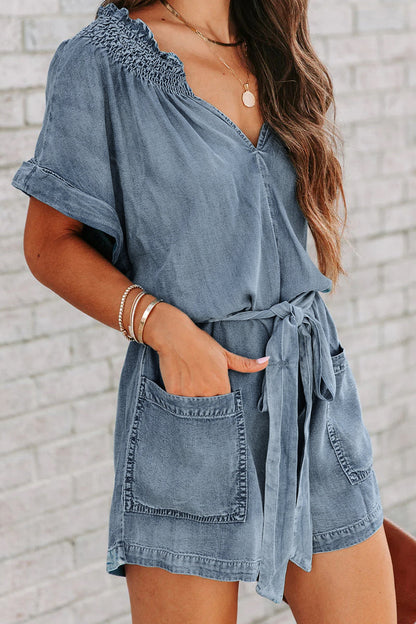 Street Make Old V Neck Short Sleeve High Waist Loose Denim Jumpsuits