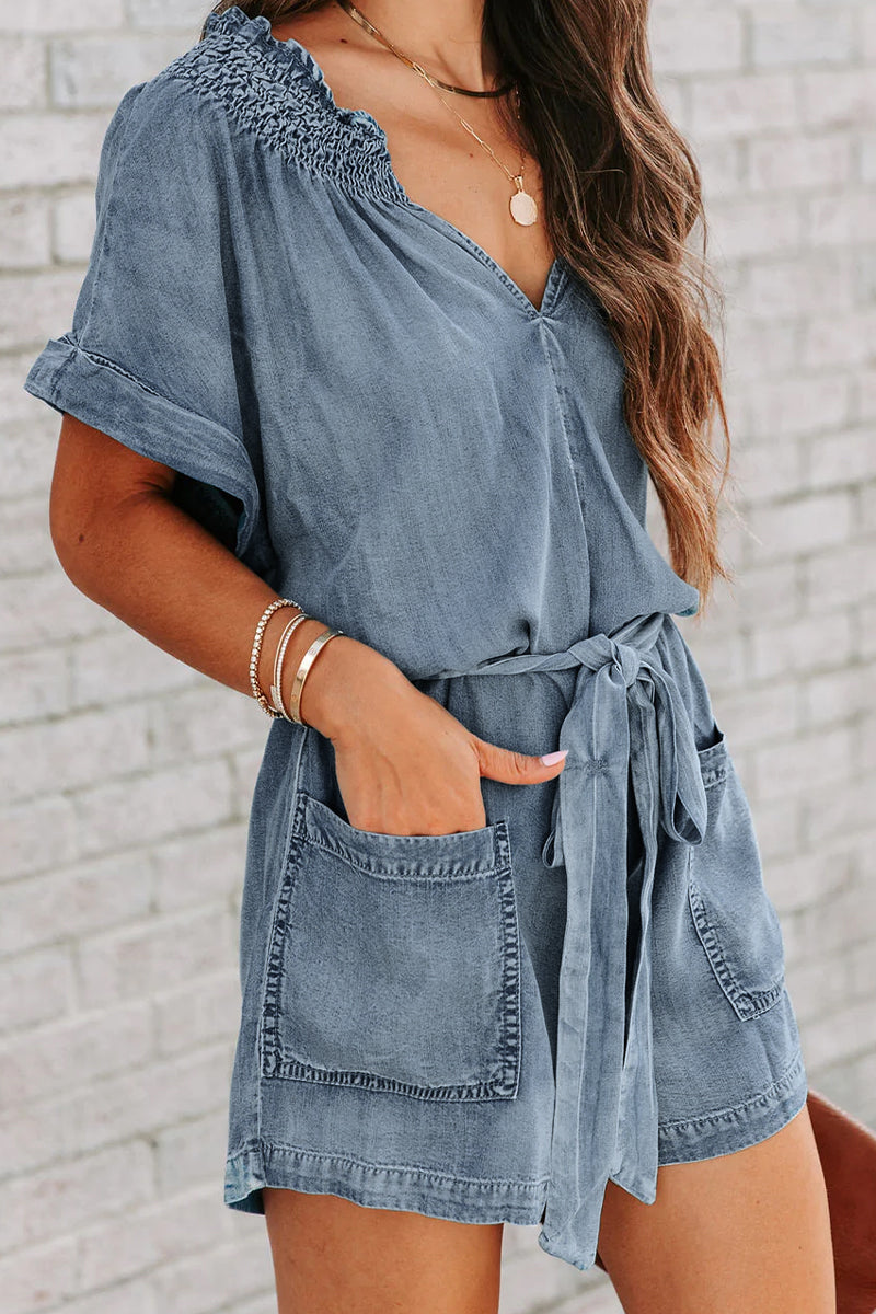 Street Make Old V Neck Short Sleeve High Waist Loose Denim Jumpsuits