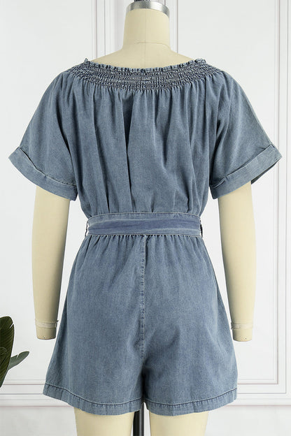 Street Make Old V Neck Short Sleeve High Waist Loose Denim Jumpsuits