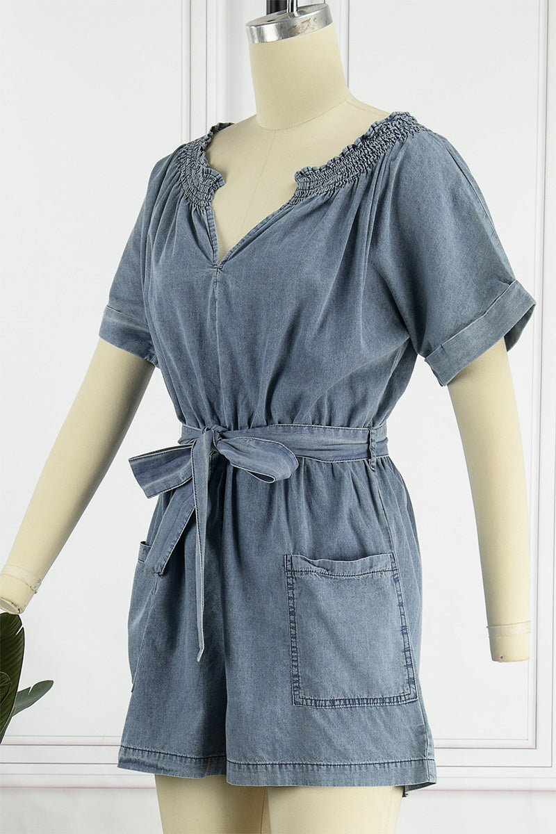 Street Make Old V Neck Short Sleeve High Waist Loose Denim Jumpsuits