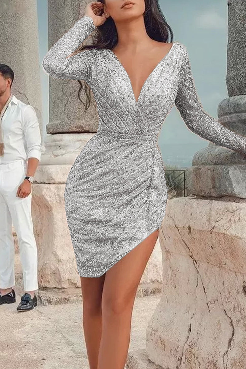 Patchwork Asymmetrical Color V Neck Pencil Skirt Dresses(3 Colors)