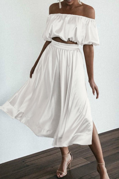 Fold Asymmetrical Off the Shoulder Half Sleeve Two Pieces