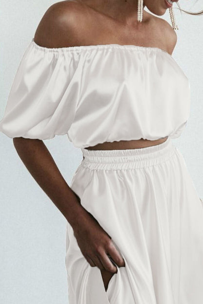 Fold Asymmetrical Off the Shoulder Half Sleeve Two Pieces
