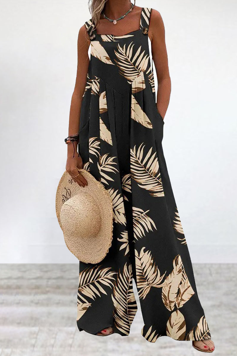 Print Printing Spaghetti Strap Loose Jumpsuits(5 Colors)