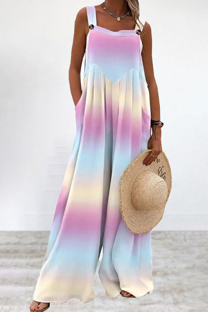 Print Printing Spaghetti Strap Loose Jumpsuits(5 Colors)