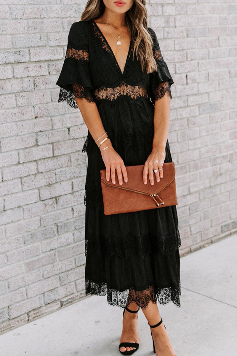Lace V Neck Cake Skirt Dresses(3 Colors)