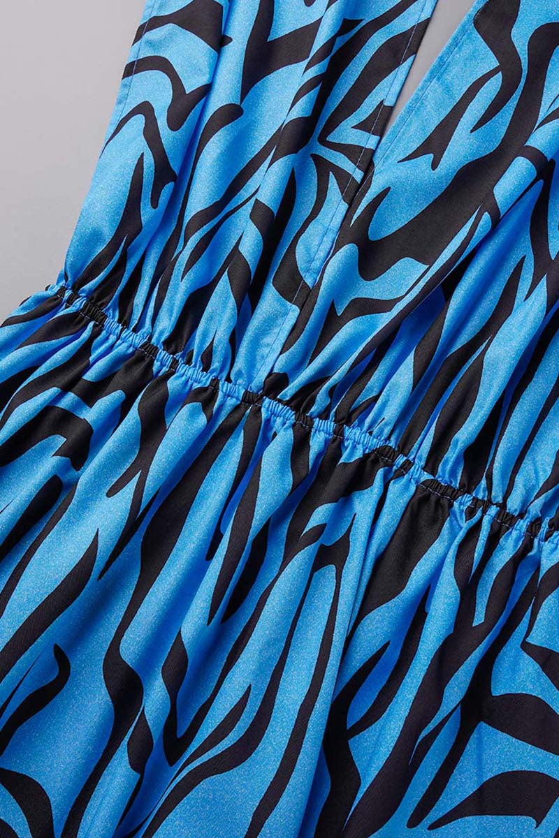 Print Patchwork Backless Slit Oblique Collar Long Dress