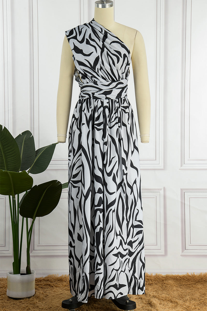 Print Patchwork Backless Slit Oblique Collar Long Dress
