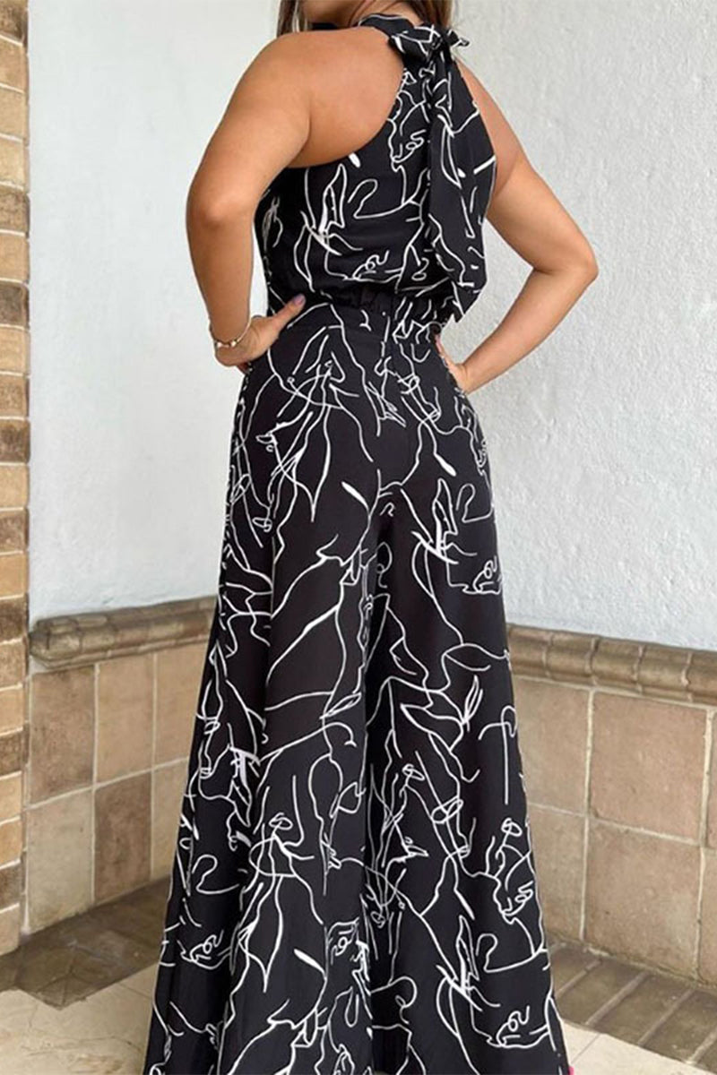Simplicity Print Patchwork Frenulum Halter Loose Jumpsuits(9 Colors)