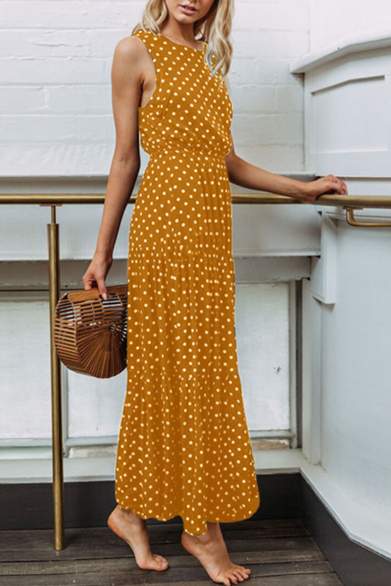 Dot Patchwork O Neck Waist Skirt Dresses(4 Colors)