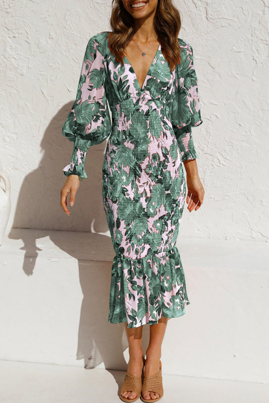 Sweet Print Patchwork V Neck Waist Skirt Dresses(4 Colors)