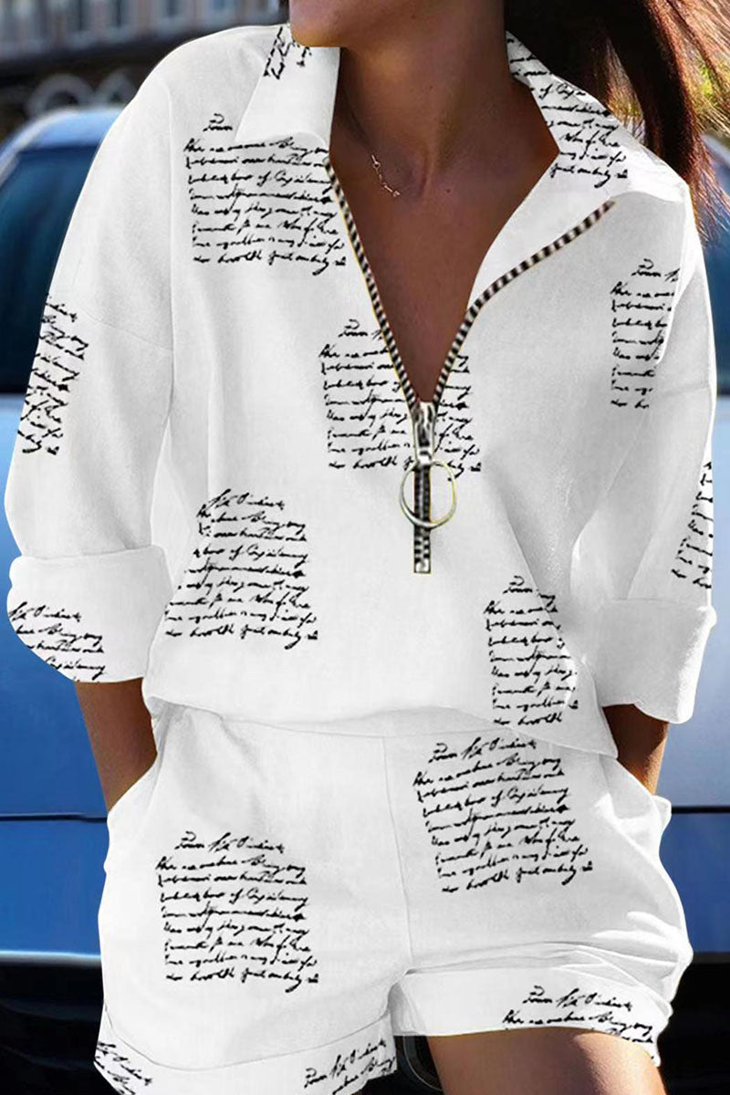 Print Patchwork Zipper Turndown Collar Long Sleeve Two Pieces