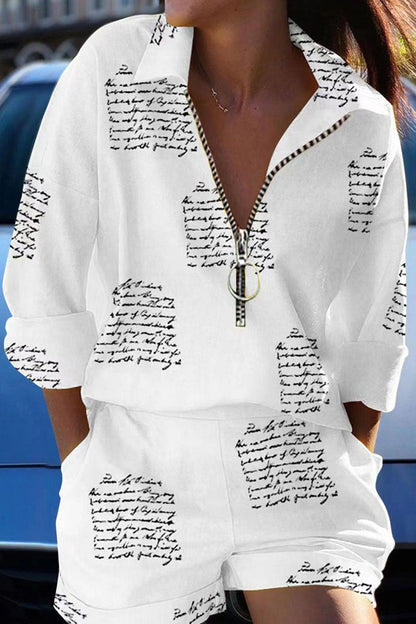 Print Patchwork Zipper Turndown Collar Long Sleeve Two Pieces