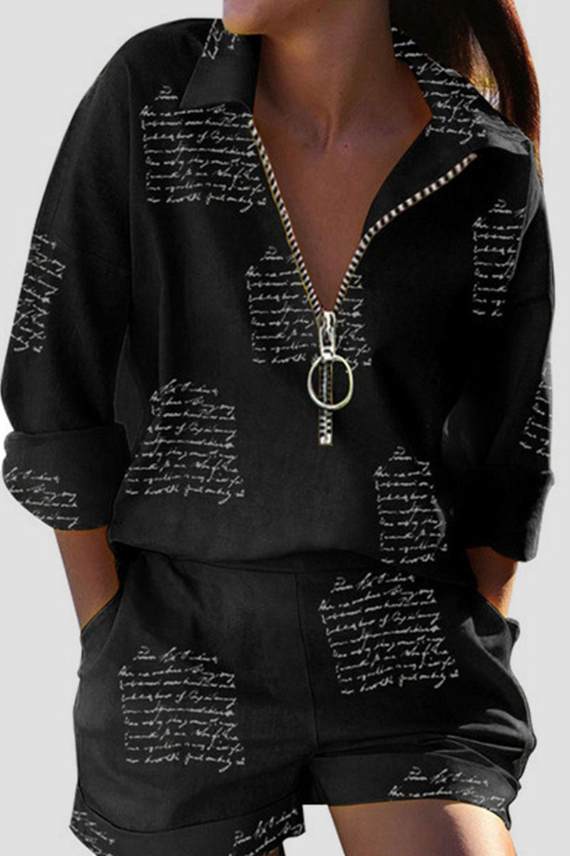 Print Patchwork Zipper Turndown Collar Long Sleeve Two Pieces