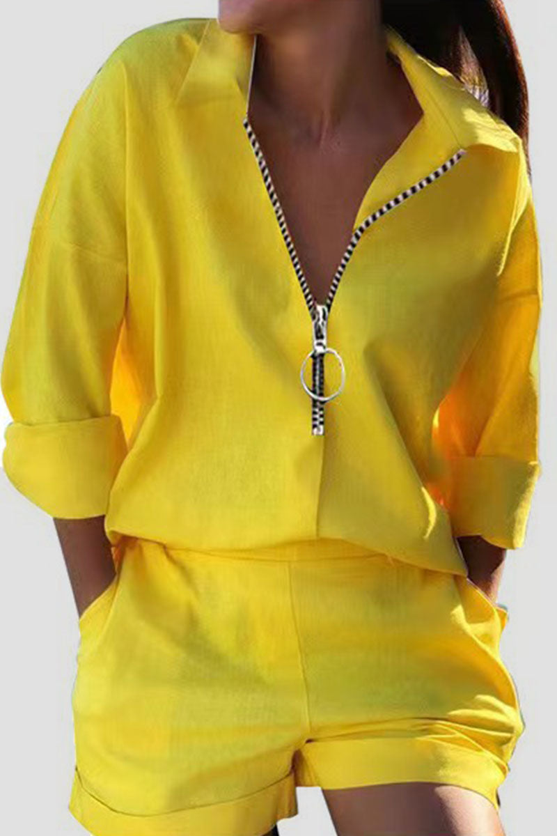 Print Patchwork Zipper Turndown Collar Long Sleeve Two Pieces