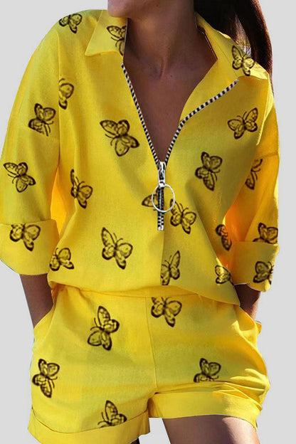 Print Patchwork Zipper Turndown Collar Long Sleeve Two Pieces